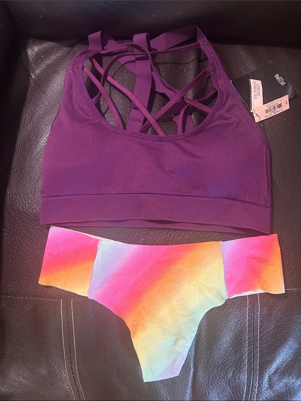Purple Strappy Sports Bra with Rainbow Tie-Dye Thong